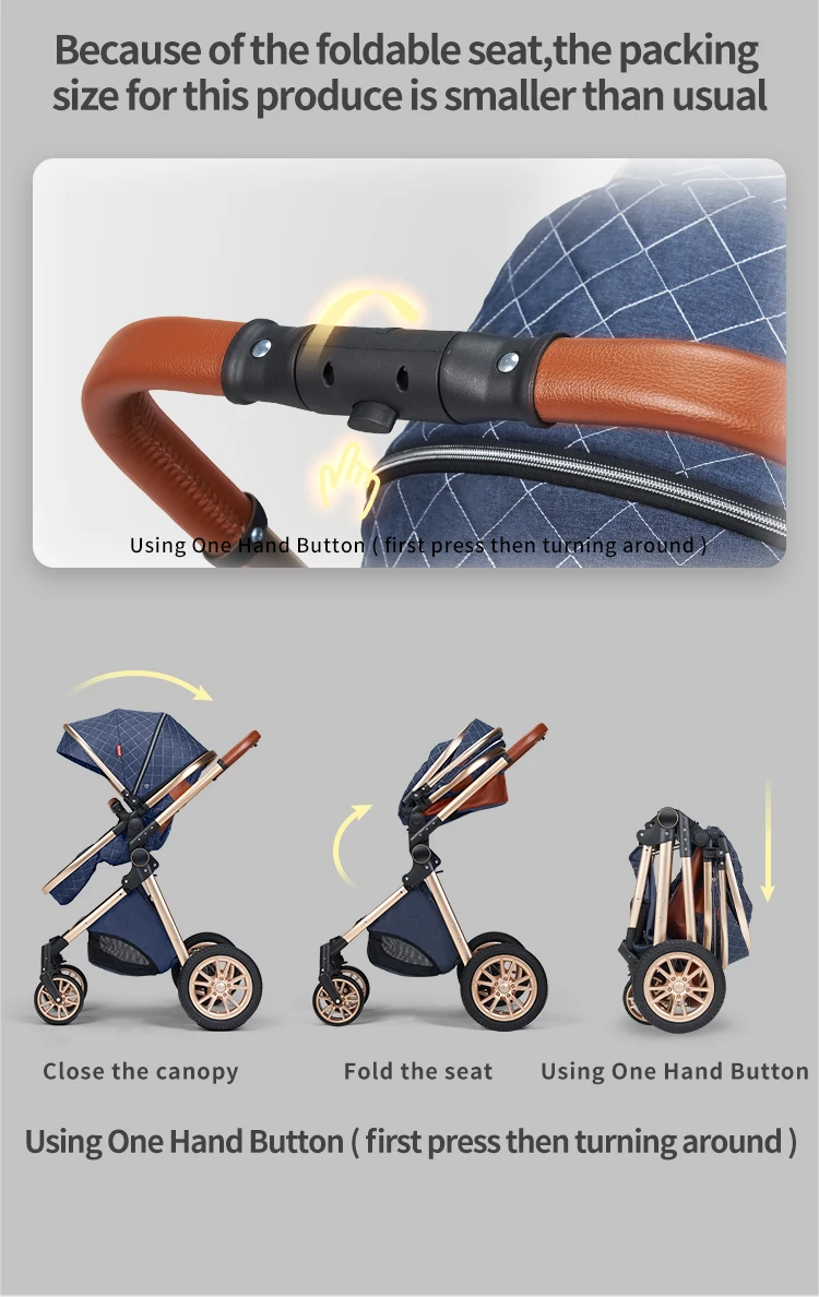 Luxury Baby Stroller 3 in 1 Folding Bi-directional High Landscape Stroller Artificial Leather