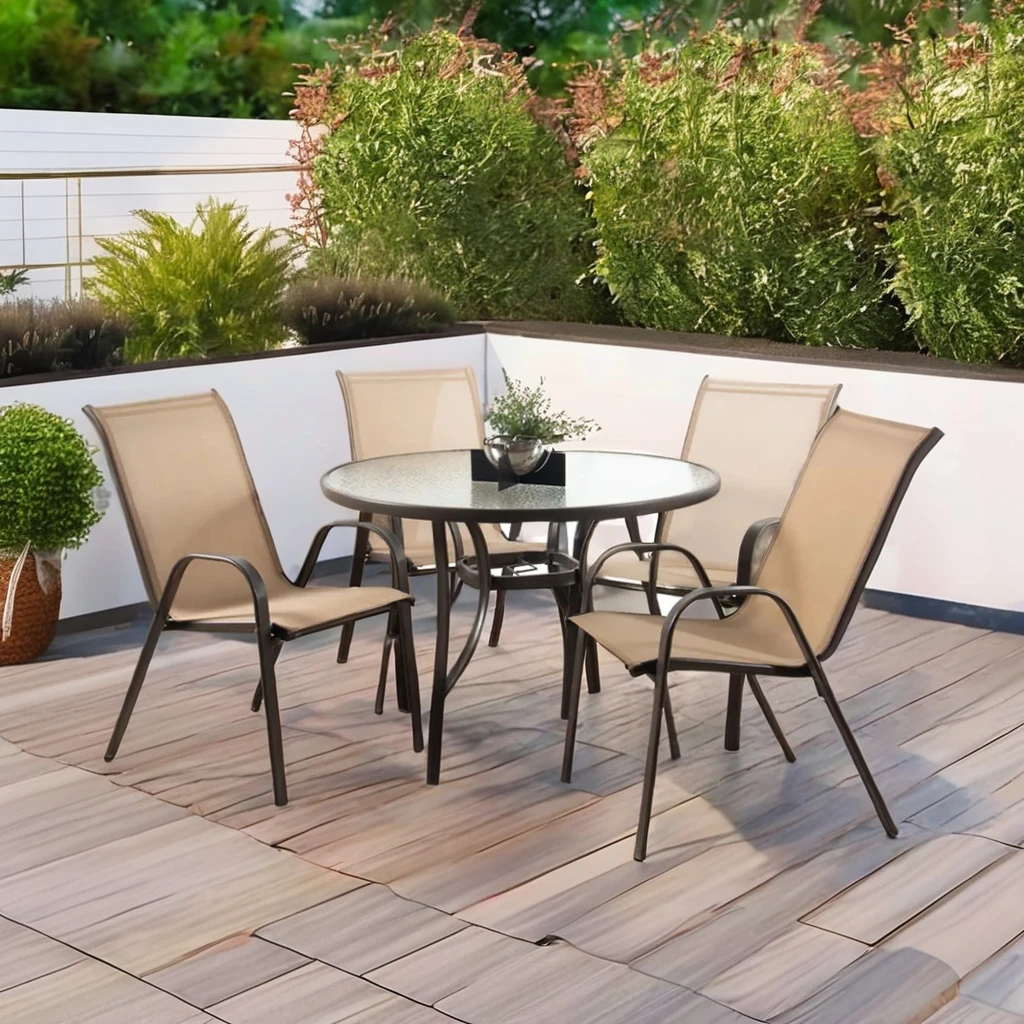 Modern 5-Pieces Outdoor Garden Patio Dining Set Stackable Metal Sling Armchair Glass Table Restaurant Furniture Powder Coated