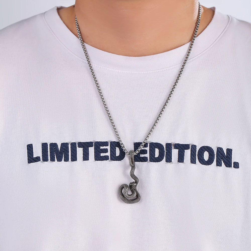 Gothic Punk Jewelry Mens Silver Link Chain Stainless Steel Animal Cobra Snake Pendant Chain Necklace