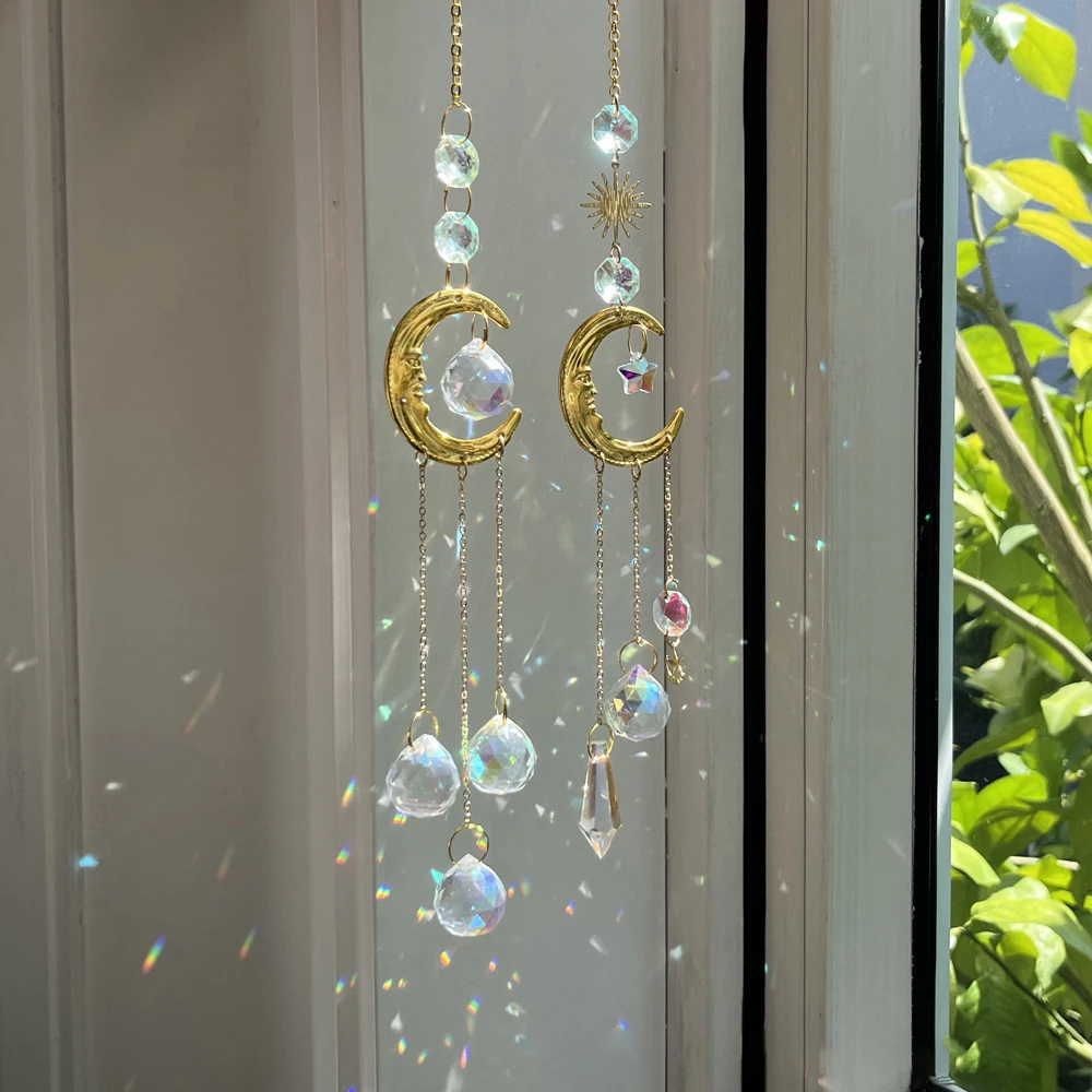Wholesale Gold Moon And Sun Stained Glass  K9 Crystal Suncatcher Wind Chimes Outdoor Bedroom Accessories