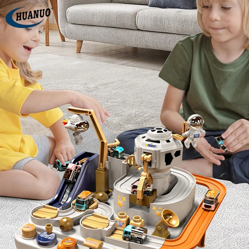 2024 Popular Kids Educational Slot Rail Vehicle Parking Lot Space Rescue Track Race Car Big Adventure Toys With 3 Cars