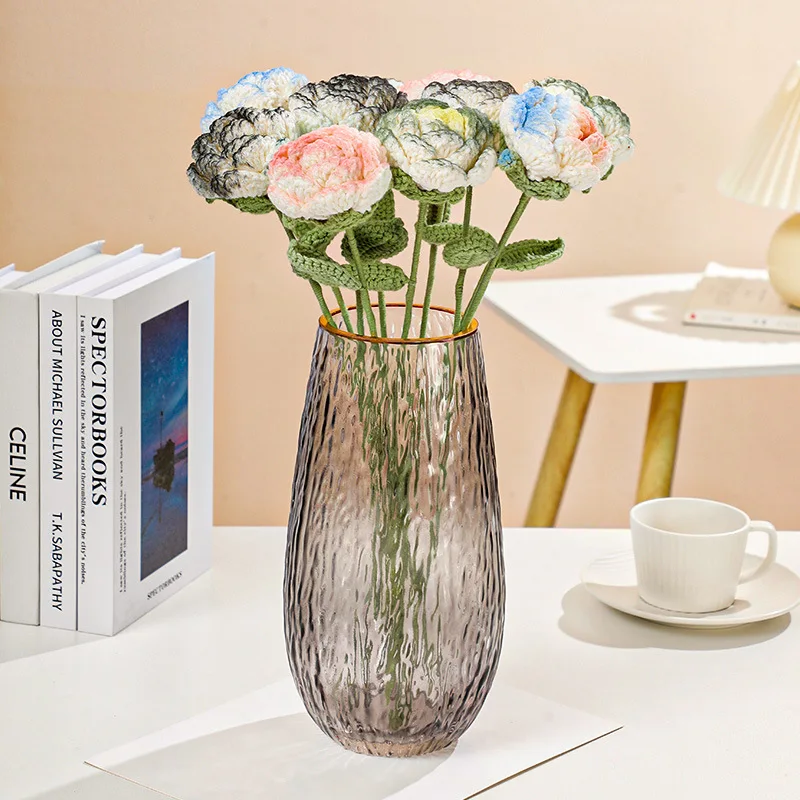D129 Handmade Knitting Lovely Home Office Car Decoration Crochet Flowers Bouquet Accessories Rose Crochet Flower Stem