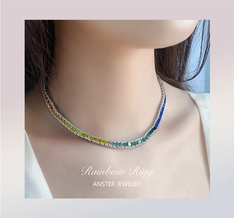 Charm Tennis Necklace Rainbow Necklaces 925 Sterling Silver Link Chain Fine Jewelry for Christmas Gift Idea Affordable Price