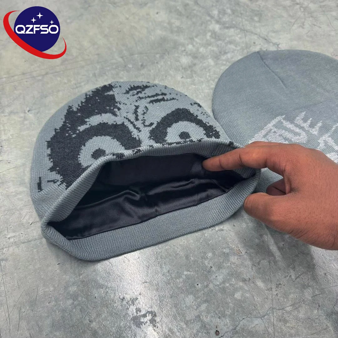 QZFSO Manufacturer Winter 400 gsm Custom Logo Jacquard Crochet Caps Satin Lined Knitted Mohair Y2K Beanies Hat