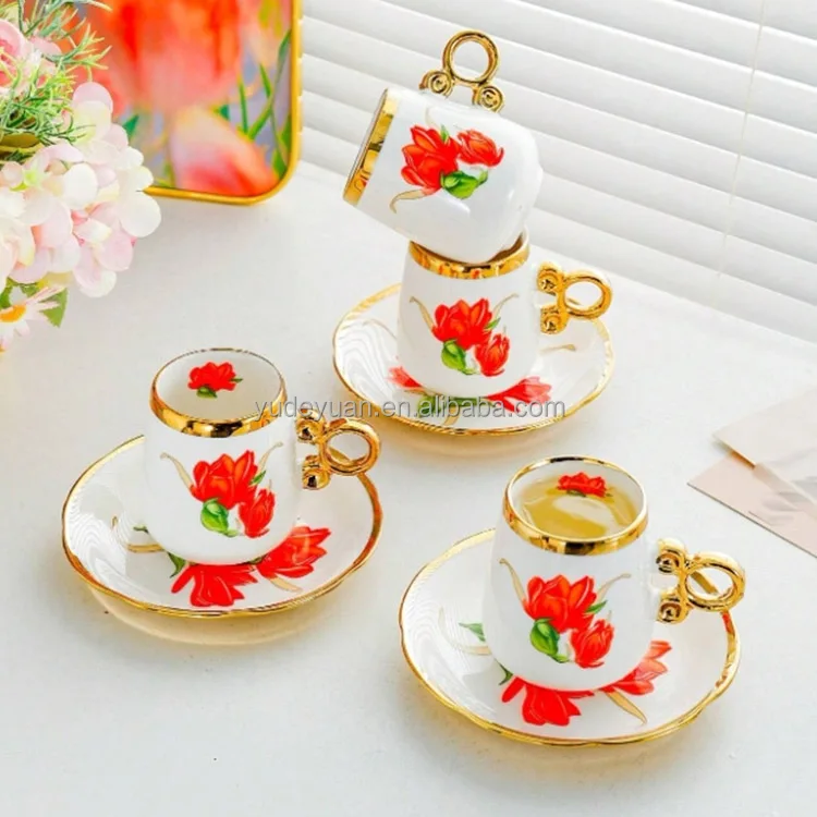 European Afternoon Tea Handmade Ceramic Gold Plated Custom Printed Design Arabic Wholesale Tea Turkish Coffee Cups And Saucers
