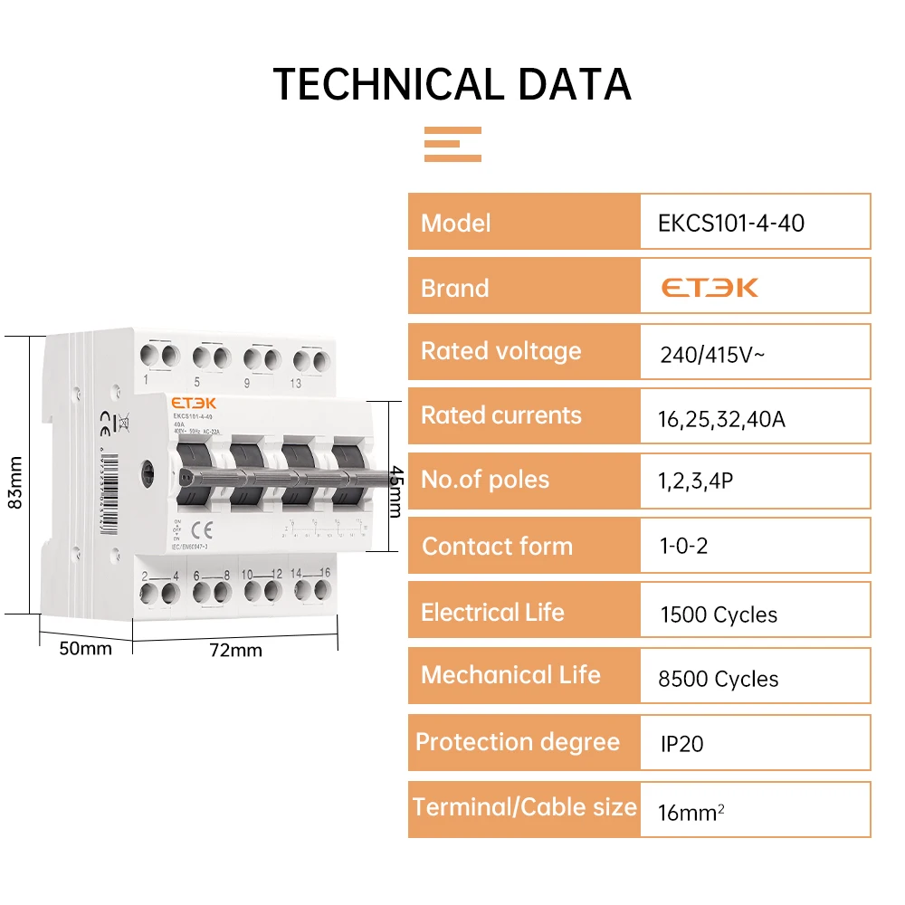 ETEK  electric change over switch  EKCS101 4P transfer low voltage changeover switch
