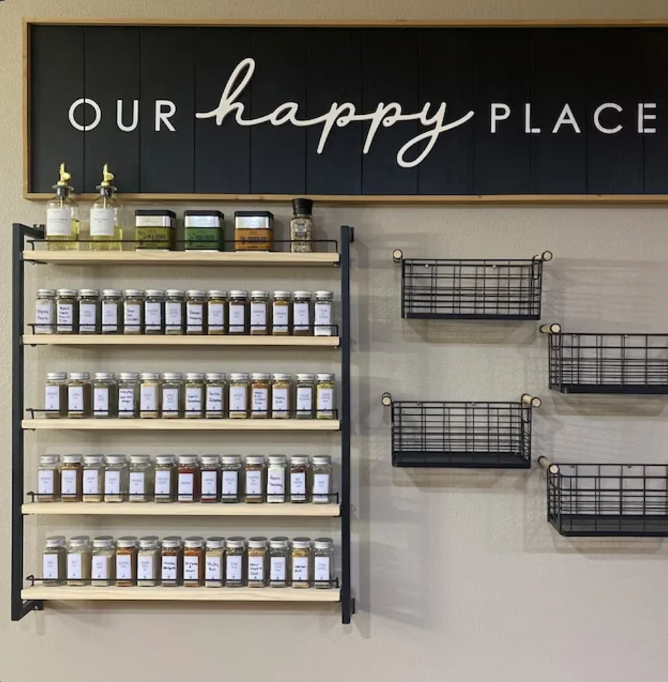 Wall Mounted Hanging Spice Rack Organizer- Heavy-duty Metal Cans Shelves With Wood Tray Organization and Storage