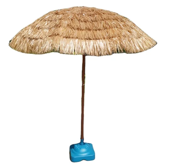 8 Feet Beach Umbrella Tiki Thatched Hula Umbrella Straw Parasol Crank Open System Umbrella in Natural Retro Style