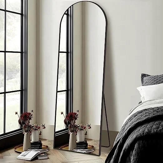 Manufacturer direct large full body dressing mirror wall mounted arched gold black aluminum frame floor mirror with stand
