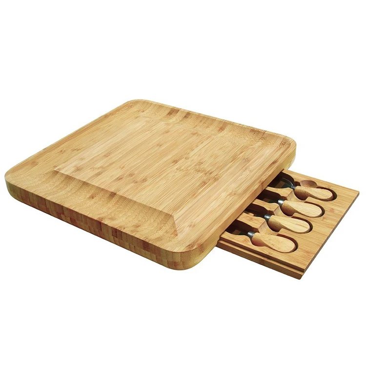 high quality bamboo wooden cheese board kitchen cutting board set with 4 knives tools