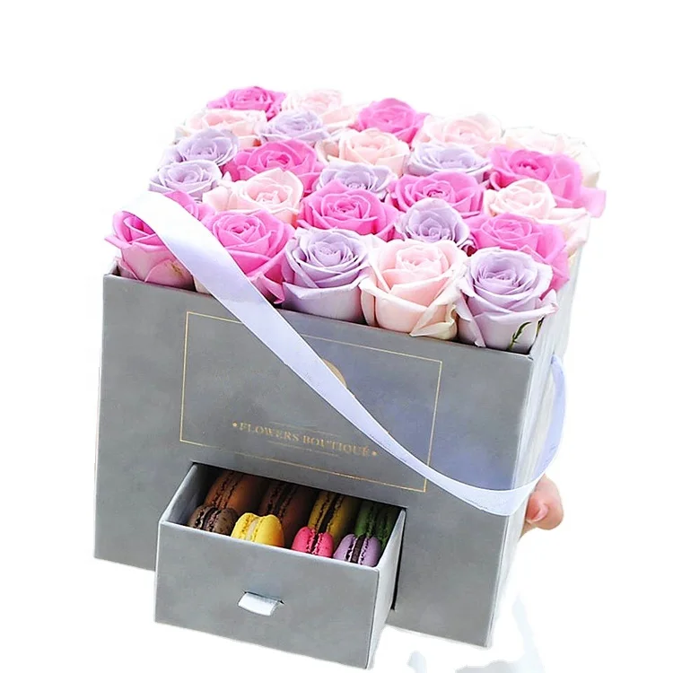 customized Luxury Suede Velvet Square Snack Cardboard Box With Ribbon Suede Velvet Flower Rose Boxes With Drawer