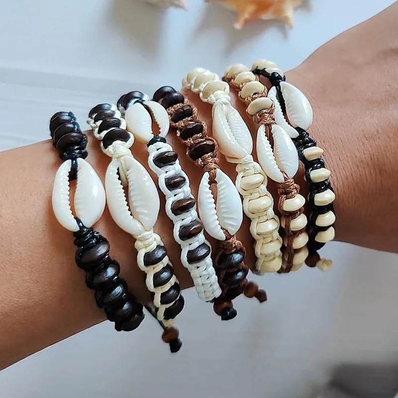 Summer jewelry Natural Wooden Disc Beads Sea Shell Braided Bracelet Adjustable Wax Cord Woven Handmade Ocean Beach Bracelet