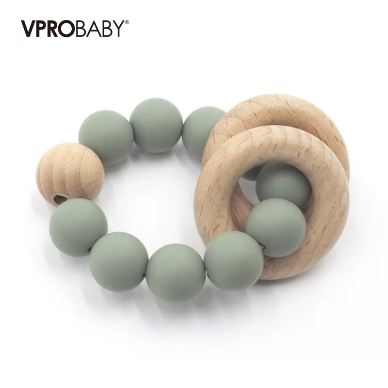 Popular Custom Multiple Color Silicone Baby Teether Toy With Wood Ring