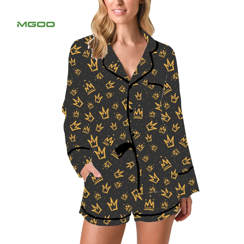 
MGOO Custom Queen Crown Pajama Set Ladies Leisure Short Sleeve Shorts Sleepwear Luxury Silky Satin Pyjama Set 