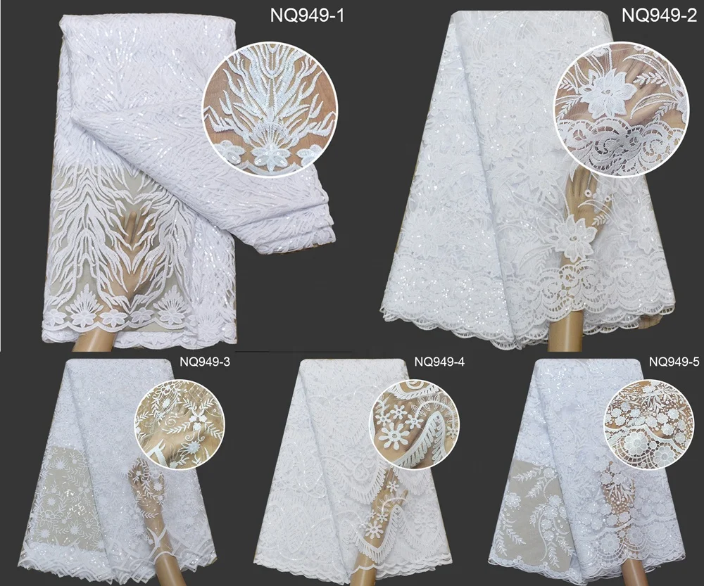white bridal dress embroidery sequin french net lace fabric with beads african tulle lace fabric for wedding in stock