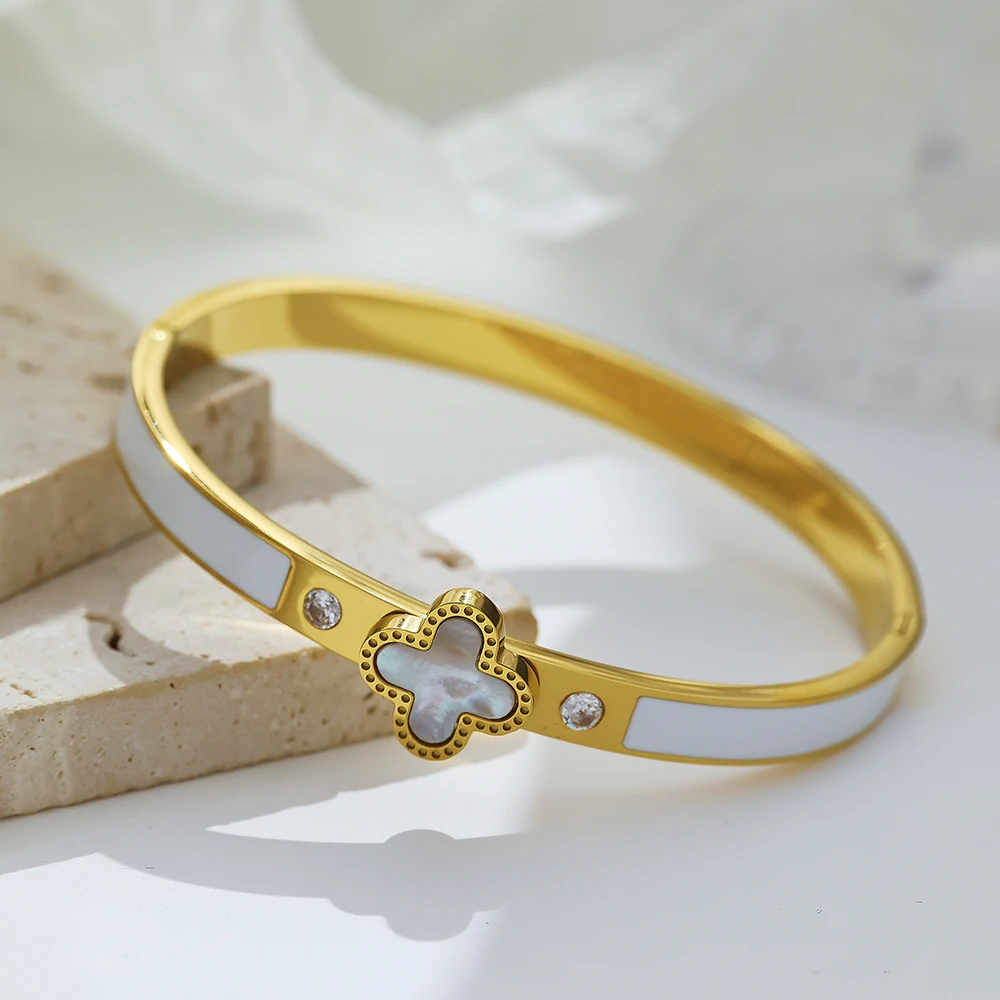 XIXI Acier Inoxydable 18K Gold Plated Stainless Steel Four Leaf Clover Enamel Zircon Women Fashion Jewelry Bracelet Bangle