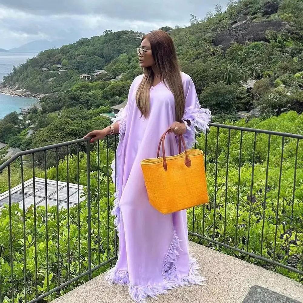 Y23913 Luxury African Evening Dresses Bat Sleeve High Slit Full Surrounding Lightweight Feather Dress Robe Loose Kaftan Dresses