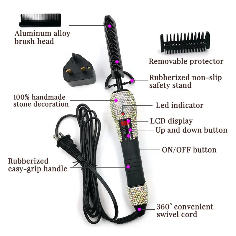 Custom logo Hair Styling Set Heat Protectant Spray Fast RhinestoneHair Straightening Electric Hot Comb 25mm Crimp