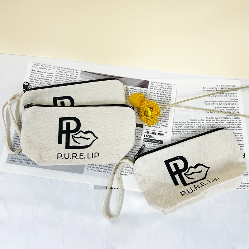 Accept Customized Logo Natural Cotton Canvas Jewelry Pouches with Black Zip Wristlet Cosmetics Bags