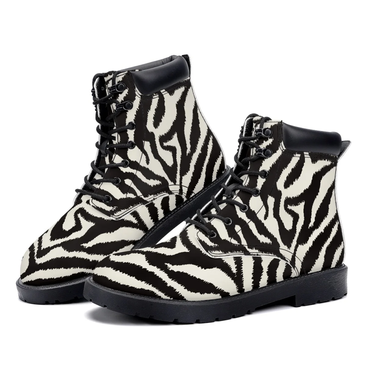 Print On Demand  Women  Fashion Leather Ankle Booties Custom Animal Stripe Causal Walking Shoes Lace up Combat Boots