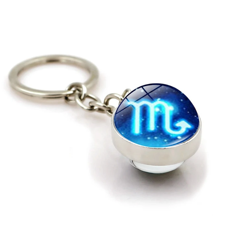 New Double Sided Glass Girl Men Keyring Sign Zodiac 12 Constellation Glass Keychain For Women