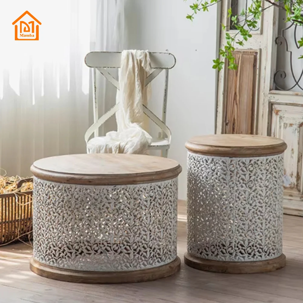 Multi-size White Design Wrought Iron Table Home Elegant Decor Small Furniture Antique Round Coffee