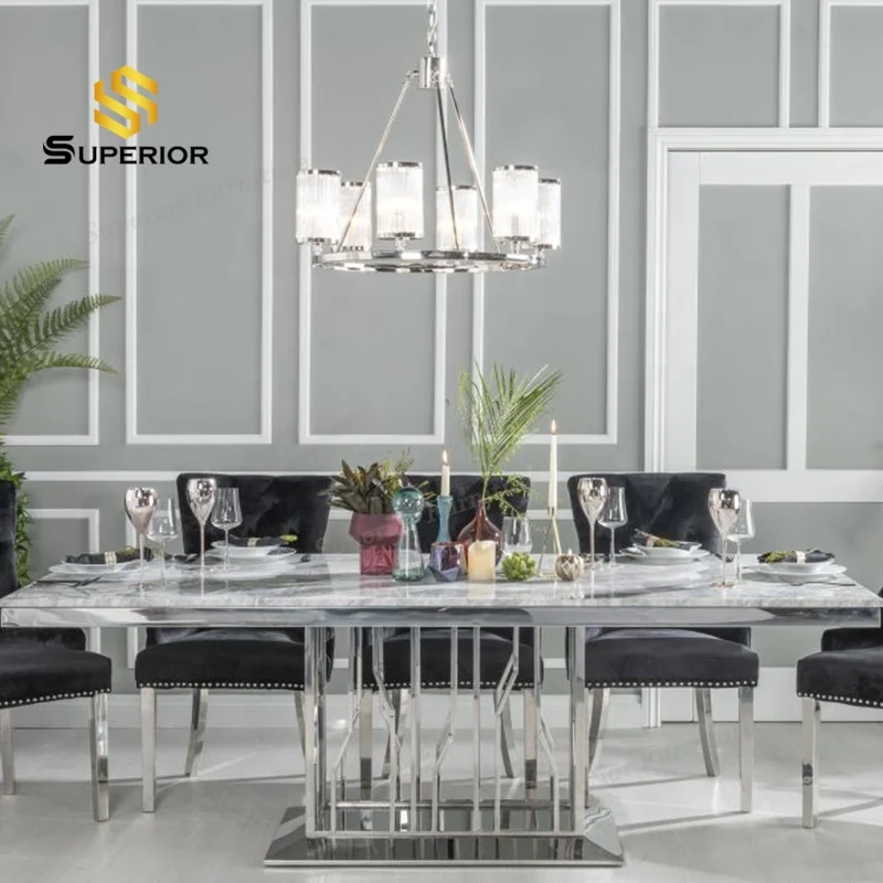 Modern rectangle pedestal steel base faux marble top dining table