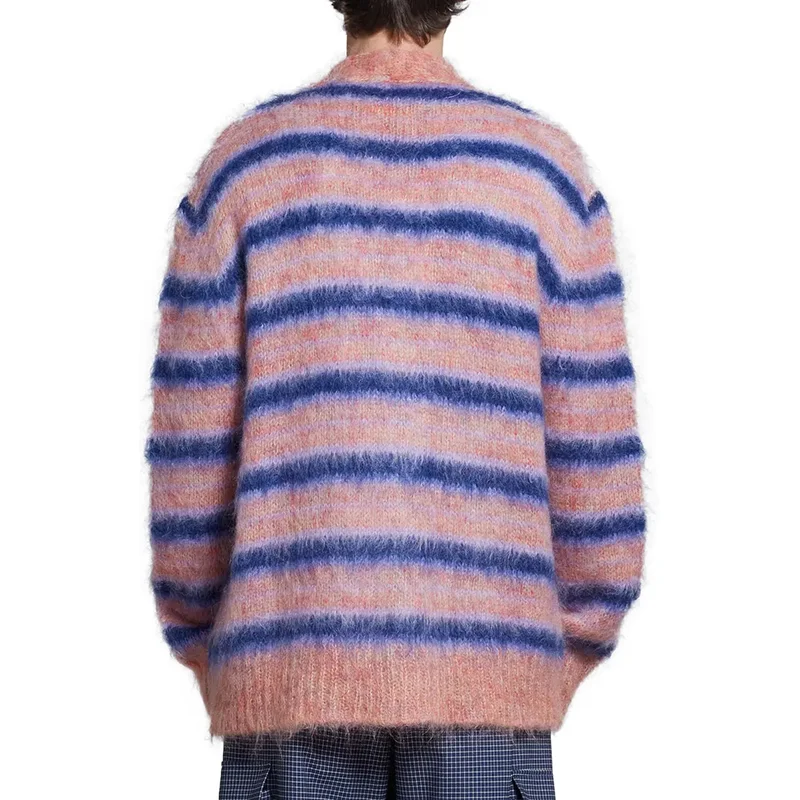 OEM Factory Wholesale Custom Logo Knitted Sweater Stripe V-Neck Mohair & Wool Blend Men Cardigan