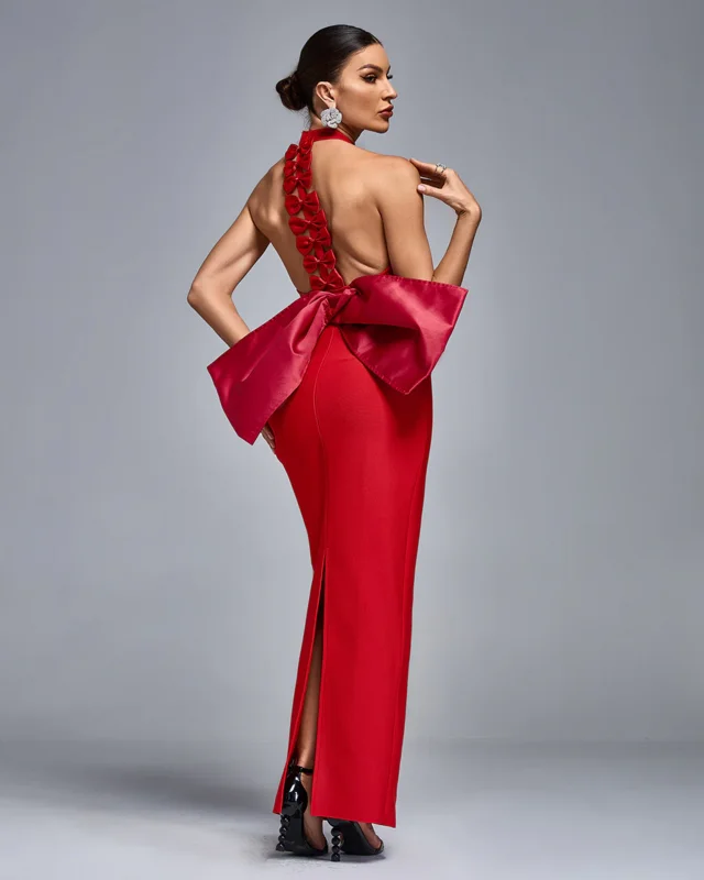 C3657 Fast Shipping Red Party Club Dresses Halter Sleeveless Bowknot Bandage Sexy Women Midi Dresses