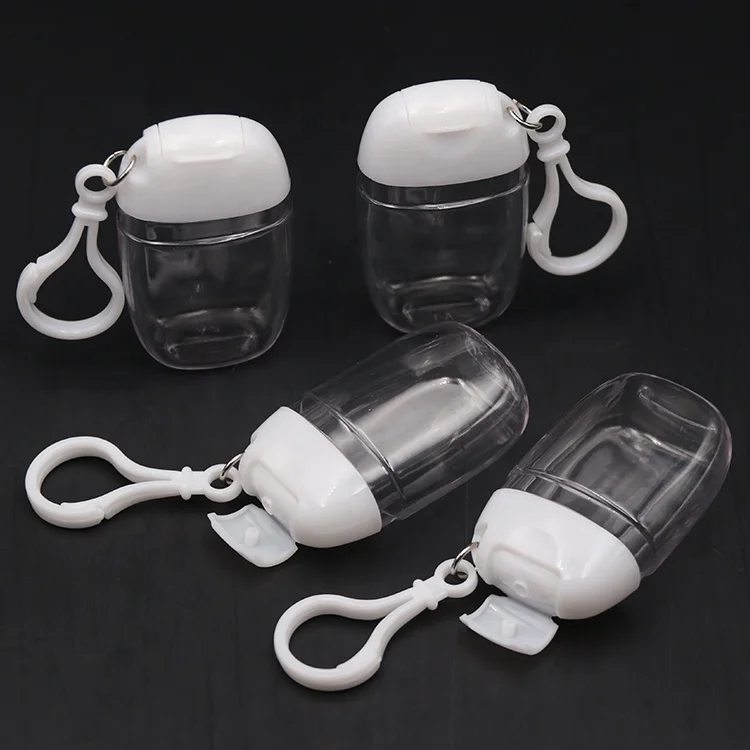 Hot sales 30ml hook bottle Liquid cosmetic Container body lotion package mini clear PET PETG plastic empty bottle with key chain