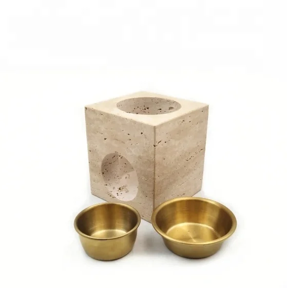 stonekocc Marble Craft Home Decor Natural Travertine Stone Incense Holder Essential Oil Fragrance Burner Candle Base SS Metal
