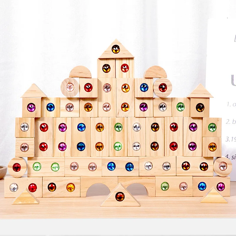 50pcs Wooden Acrylic Gemstone Building Blocks Early Education Colorful Domino Set Stacking Blocks Learning Toy For Kids