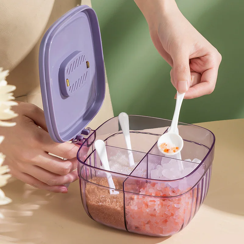 Plastic 2/4 Grids Square Condiment Seasoning Storage Box With Spoon Pepper Container Spice Multi Function