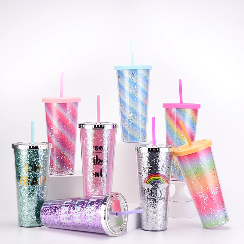Rainbow Large Capacity 700ml Double Wall Plastic Straw Tumbler Golden Scallion Cloth Suitable for Car Cafes Restaurants Milk
