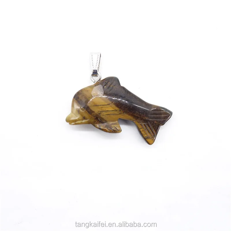 Natural Hand Carved Crystal Gem Animal Statue Cute Dolphin Necklace Pendant