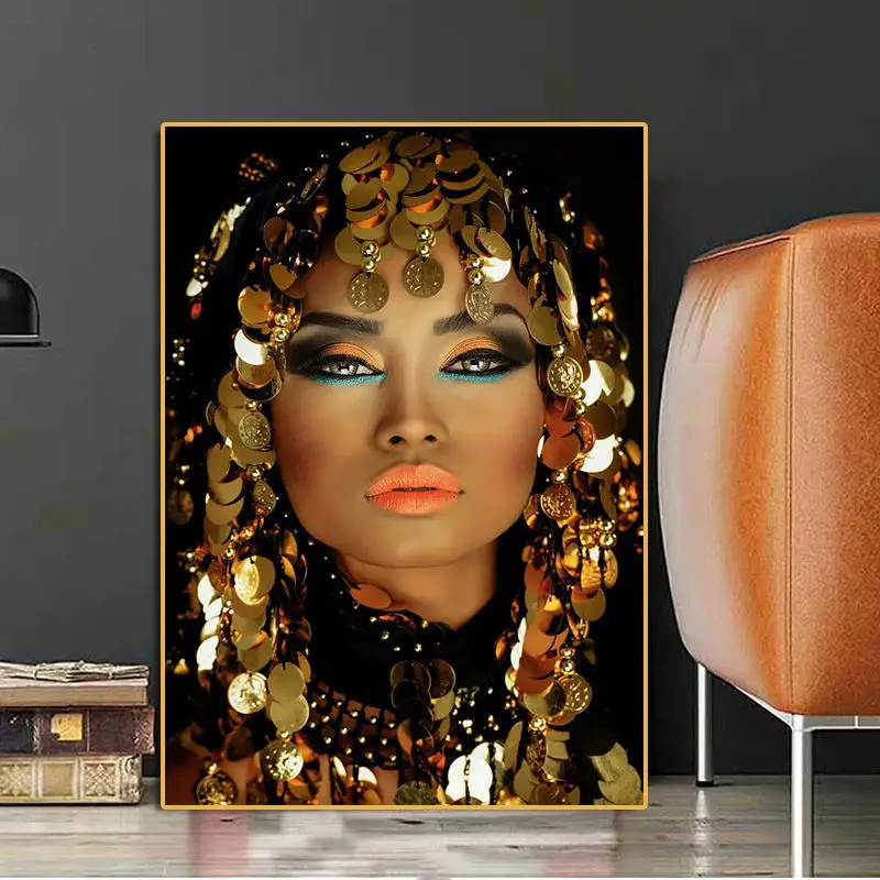 Home Decor African Woman with Makeup Wearing Sequin Headscarf Painting Posters Scandinavian Wall Art