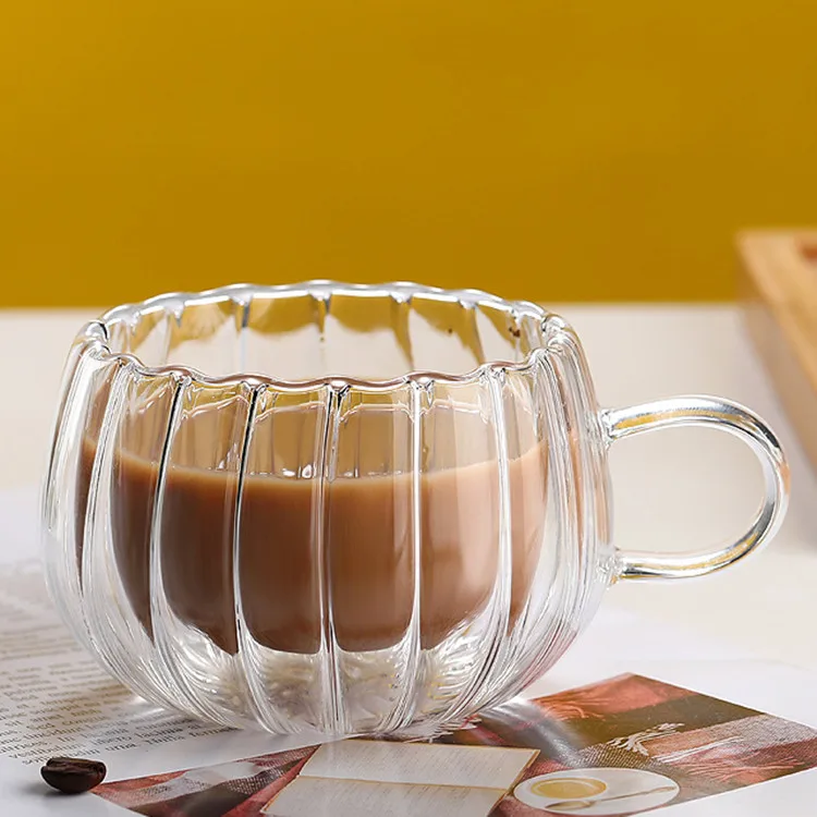 Hot Sale Glass Cup Lead Free High Borosilicate Heat Resistant Handmade Vertical Stripe Double Wall Glass Coffee Mug With Handle