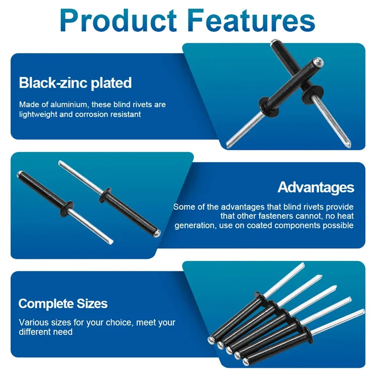 Black Zinc Aluminium Blind Rivets M2.4 M2.8 M3 M3.2 M4 M5 Dome Head Large Flange Rivets