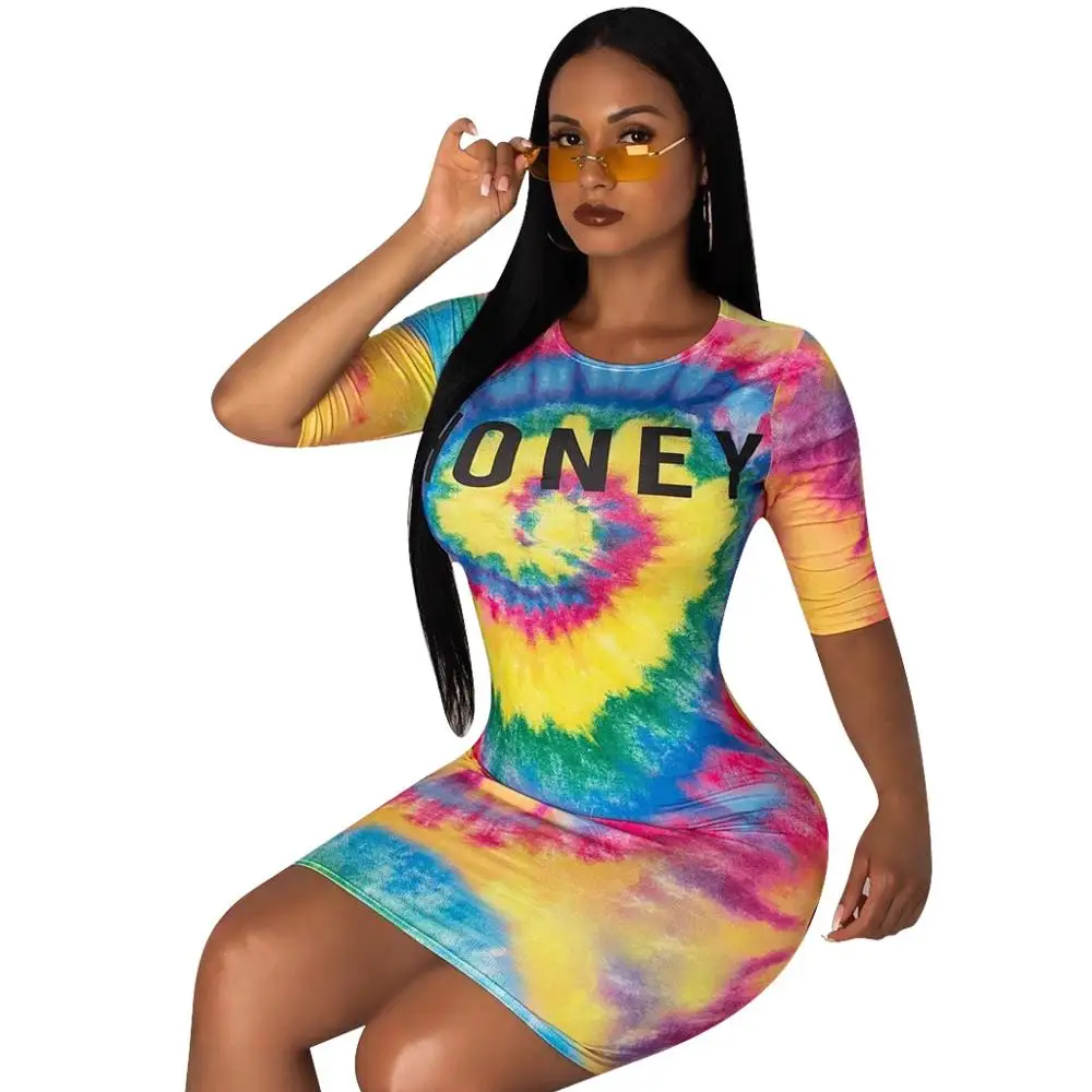 
Tie Dye Ombre Colorblock Half Sleeve Dress Women Casual Bodycon Mini Dress Honey Letter Print Dress 