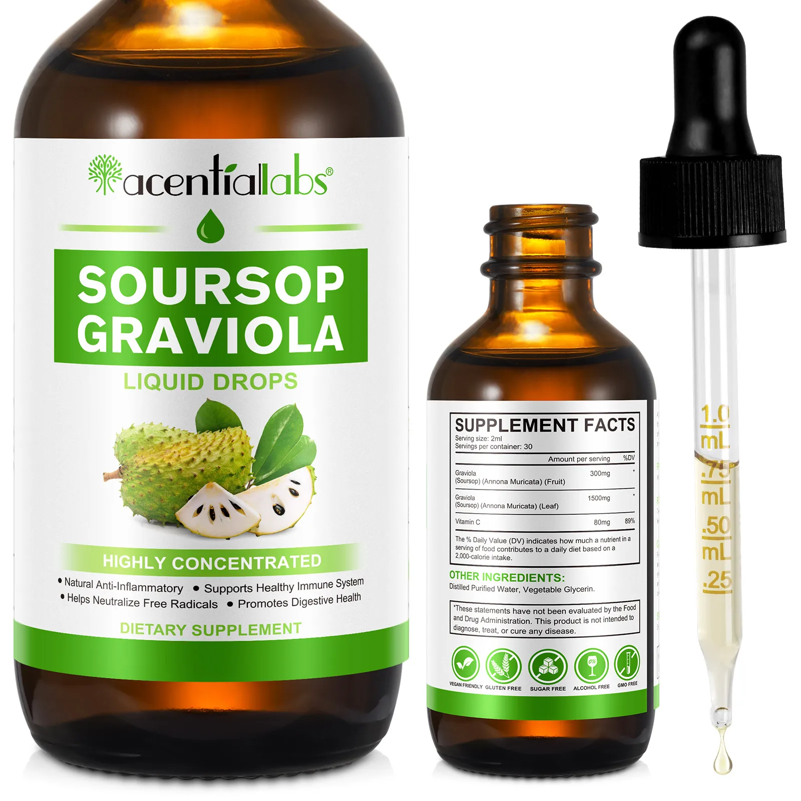 Acentiallabs dietary supplement 60ml graviola fruit extract soursop graviola drops soursop graviola liquid drop