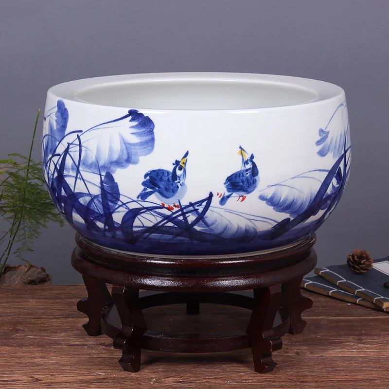 Jingdezhen Color Glaze Kiln Green Freehand Lotus Fish Pattern Wax Gourd Tank Planter Pot