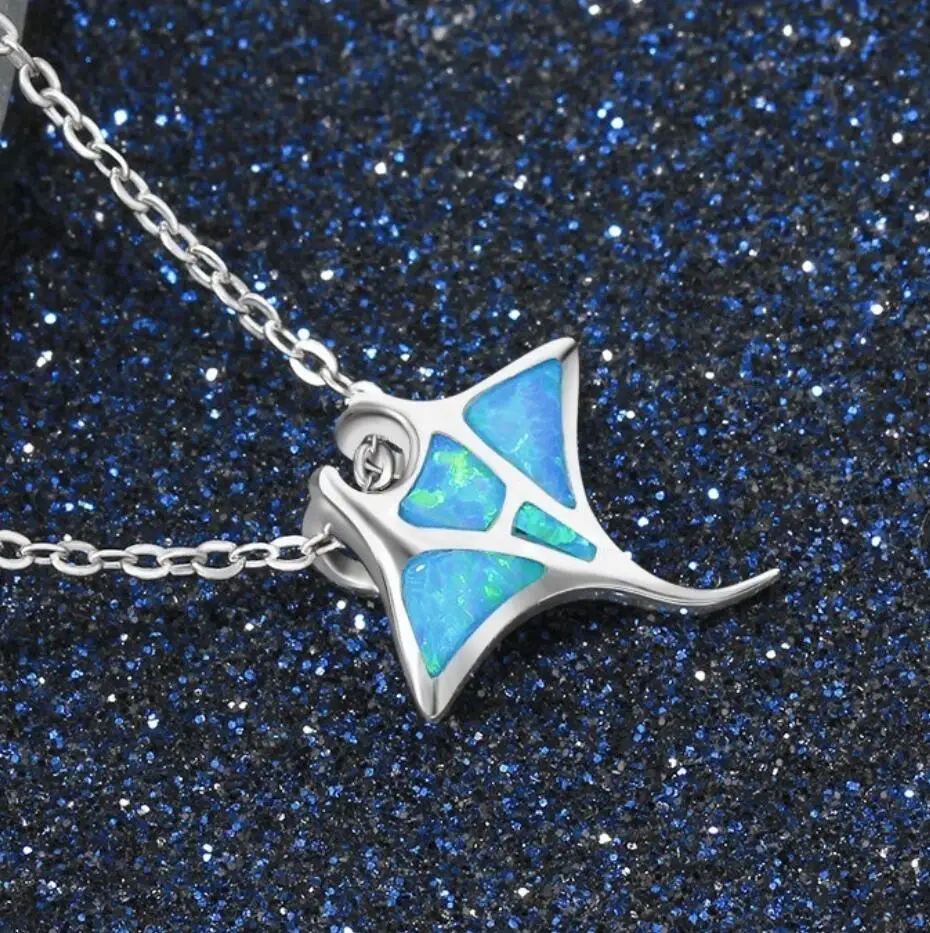 Real white gold plating Manta Ray Pendant Necklace with Australian Opal