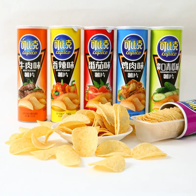 Low price Chinese chips 105g canned puffed food snack potato chips exotic snack potato chips