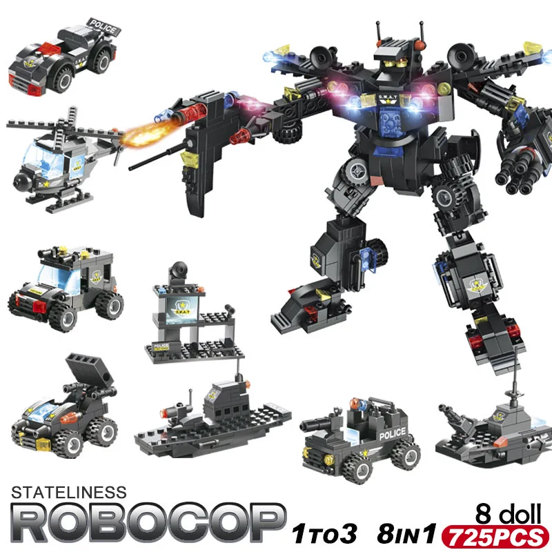 725pcs 8 IN 1 City SWAT Truck Car Robot Building Blocks Compatible Legoinglys City Police Station Bricks Toys for Boys Children