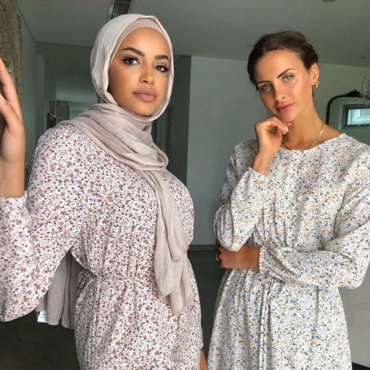 MOTIVE FORCE Turkish Abaya Muslim Long Dresses Round Neck Floral Print Long Skirt With Split Side Long Sleeves Muslim Dress