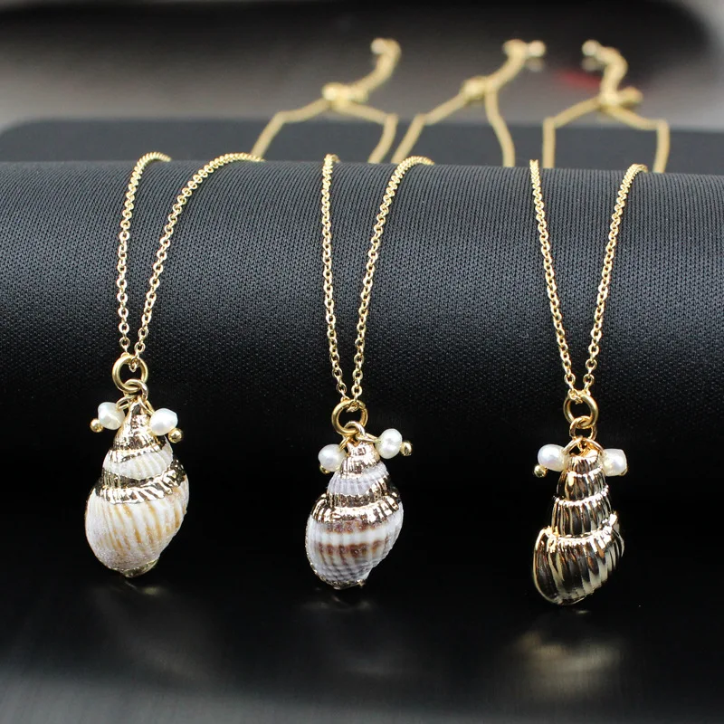 
Fashion long golden beach sea Conch pendant natural shell sea snail freshwater pearl 18K Gold Plated sweater necklace necklace 