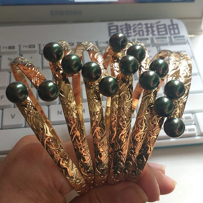 JX37-7 2 pearl Cuff bangle bracelet Hawaiian heirloom design kids baby adult size gold silver color all available ready to ship