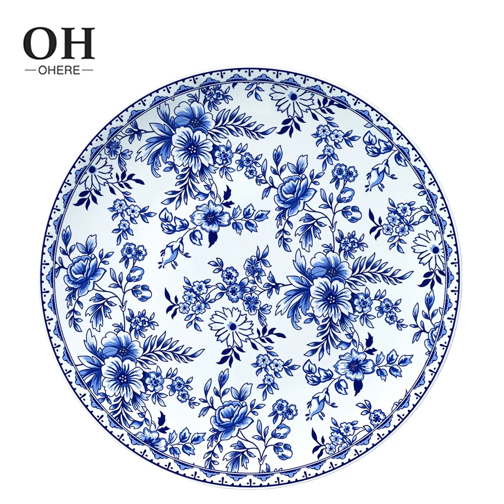 Dinner Plate with Blue&White Flower Porcelain Charger Plate Dish Wholesale Ceramic Dinner Det for Weeding&Rental&Party