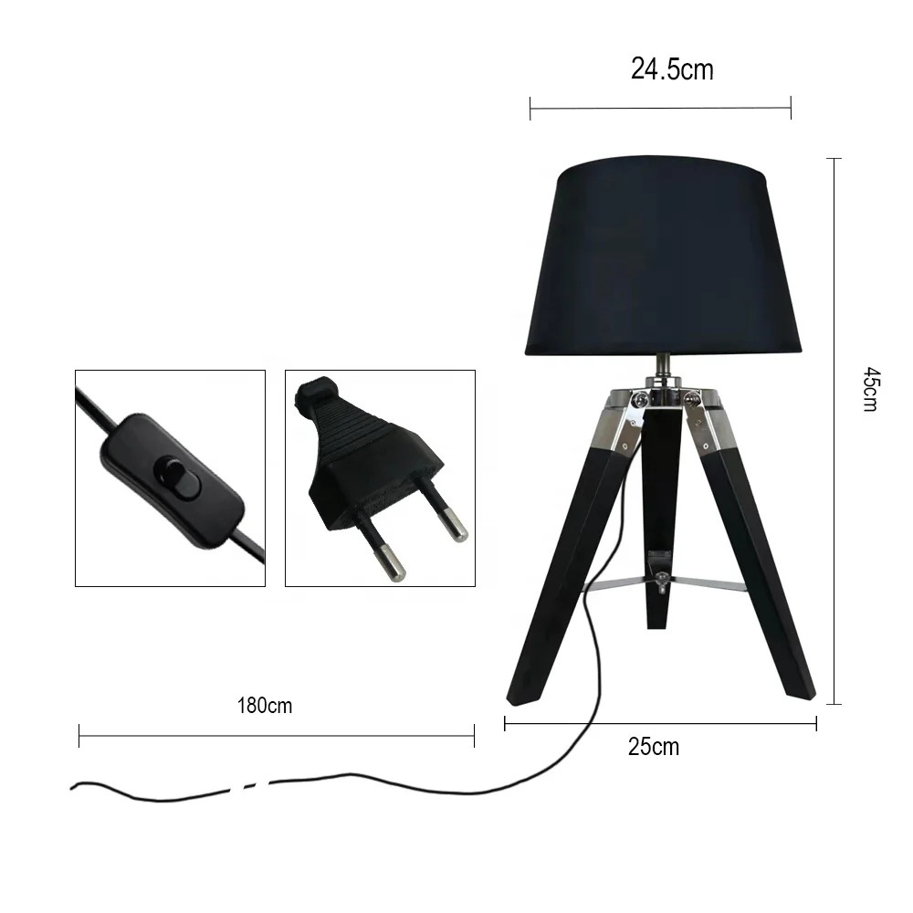 Decorative Bedside Table Lamp with Wood Tripod Base in Black