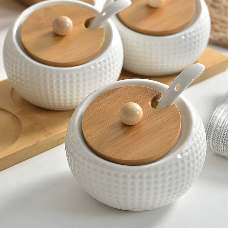  Wholesale Porcelain Condiment Jar Spice Container Sugar Pots with Bamboo